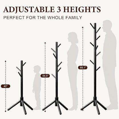 Wooden Coat Rack Freestanding with 8 Hooks & 3 Adjustable Sizes for Clothes, Space-Saving Design for Bedroom Office Entrance Holds Hats Coats Scarves Bags