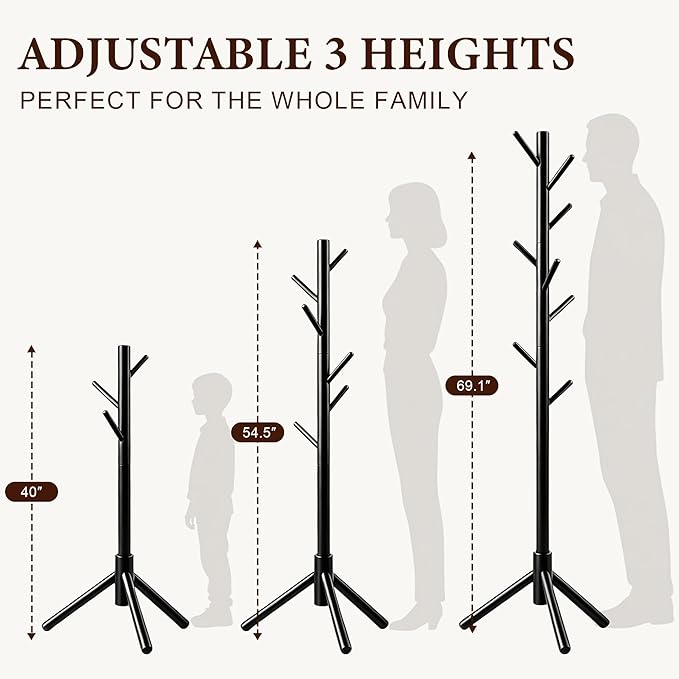 2 PC Wooden Coat Rack Freestanding with 8 Hooks & 3 Adjustable Sizes for Clothes, Space-Saving Design for Bedroom Office Entrance Holds Hats Coats Scarves Bags