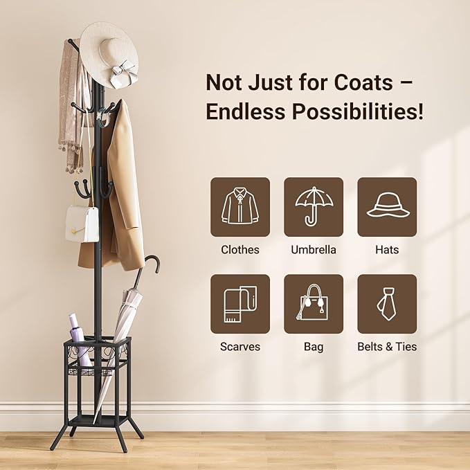 ELYKEN Coat Rack Freestanding, Metal Coat Rack Stand with Umbrella Holder, Modern Coat Tree with 12 Hooks, Floor Standing Corner Hall Tree for Entryway Living Room Bedroom Office, Black