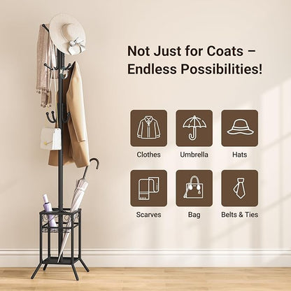 ELYKEN Coat Rack Freestanding, Metal Coat Rack Stand with Umbrella Holder, Modern Coat Tree with 12 Hooks, Floor Standing Corner Hall Tree for Entryway Living Room Bedroom Office, Black