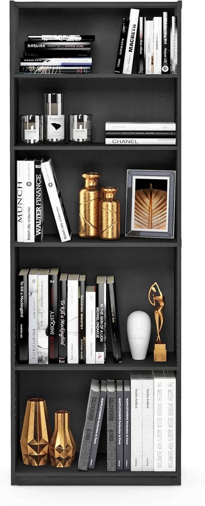 Furinno Jaya Book Shelf, 5-Tier Bookshelf, Bookcase with Adjustable Shelves, 9.5" x 24.5" x 71.2", for Organization and Storage, for Living Room, Bedroom, Home Office, Blackwood