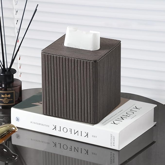MEIBOOCH PU Leather Tissue Box Cover Square Tissue Box Holder with Magnetic Closure (Dark Brown)