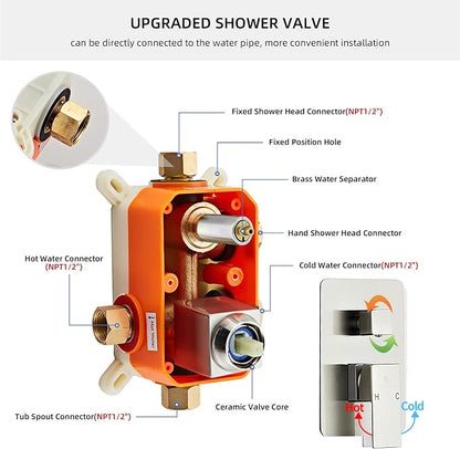 Brushed Nickel Rainfall Shower Faucet Set with Tub Spout 10 Inch, Shower Head and Handle with 2 Hooks, Rain Shower and Handheld Shower System Square Wall Mount for Bathroom