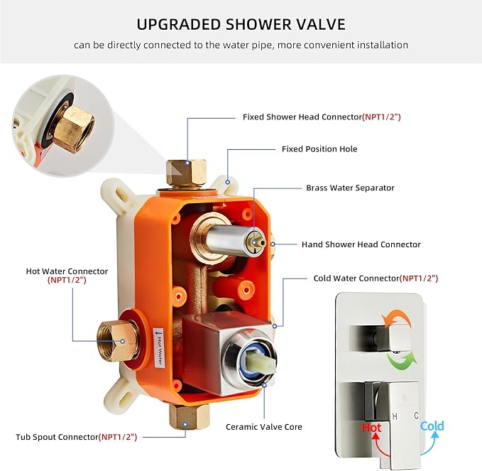 Brushed Nickel Rainfall Shower Faucet Set with Tub Spout 12 Inch, Shower Head and Handle with 2 Hooks for Bathroom Rain Shower and Handheld Shower System Square Wall Mount