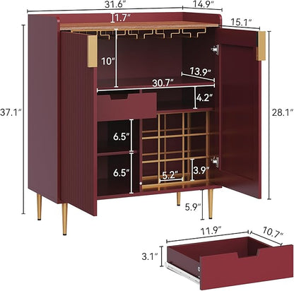 ARTPOWER Coffee Bar Cabinet with Wine Racks, Red Liquor Cabinet with Fluted Texture, Modern Sideboard Buffet Cabinet for Kitchen Dining Room, Living Room