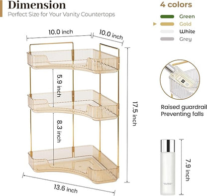 Aveniee Corner Bathroom Counter Organizer, Bathroom Countertop Shelf Makeup Organizer for Vanity Perfume Tray for Corner Storage (3 Tiers, Gold)
