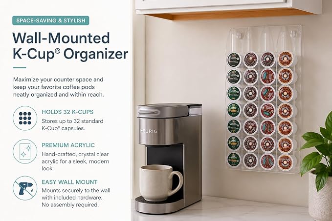 OnDisplay Wall Mount Acrylic Coffee Pod Holder Compatible with Keurig K-Cup Capsules, 32 Pod Capacity Clear K Cup Storage Organizer Rack for Kitchen Counter, Coffee Bar Stations and Pantry, No