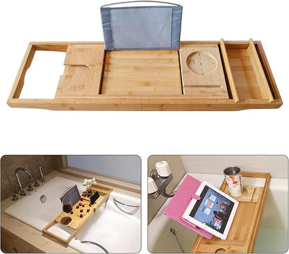 Bamboo Bathtub Tray Expandable Bathroom Tray for Home Spa Relaxation, Premium Foldable Wood Bath Table, Soap Dish, Book, Phone & Tablet Holder, Wine Glass Slot - Relaxing Bath Caddy