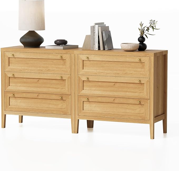 Dresser for Bedroom with 3 Drawers Set of 2, Farmhouse Closet Storage Organizer with Golden Handles, Wooden Nightstand End Table for Living Room, Bedroom, Entryway, Hallway, Natural Oak