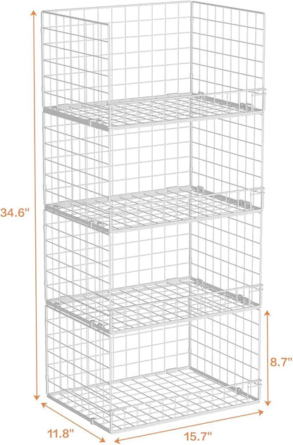 Yociyoga 4-Tier Stackable Closet Organizers and Storage Basket, Foldable Closet Shelf Organizer System, Space-Saving Clothes Storage Drawer Organizer for Wardrobe, White ((Patent 30022416))