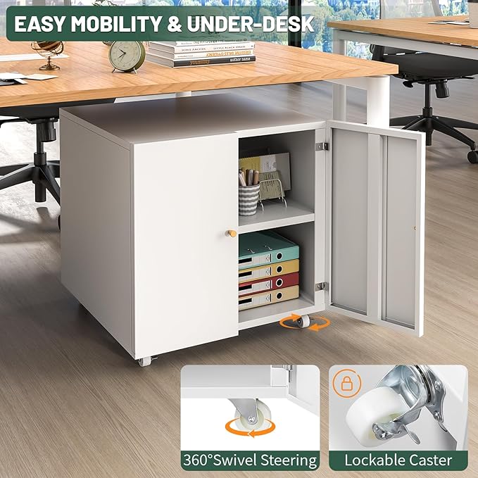 TEEALUBAN Printer Stand with Storage Cabinet with Wheels,3D Heavy Duty Metal Large Printer Table with Adjustable Shelf for Home Office, Mobile Printer Cart,White,23.62" H