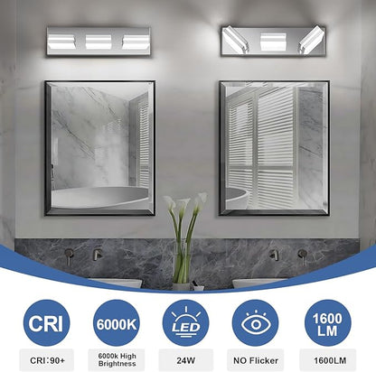 Modern LED Small Bathroom Lights Fixtures(3-Light),Stainless Steel Chrome Acrylic Wall Lighting,Vanity Lights for Bathroom Over Mirror(6000K 16in)