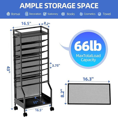 Simple Trending 10 Tier Rolling File Cart, Desk File Organizer with Wheels and Storage Drawers, Legal documents can be stored, Metal Mesh Paper Letter Storage Multi-Functional Clutter Cart, Black
