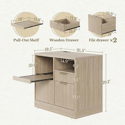 3 Drawer File Cabinet, Fluted Filing Cabinet for Home Office with Charging Station, Wooden Office Cabinet Fits for A4/Letter-Sized Files, Printer Stand with Storage Shelves, Light Oak