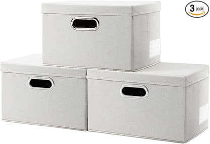 PRANDOM Storage Bins with Lids [3-Pack] Linen Fabric Foldable Storage Boxes Organizer Containers Baskets Cube with Cover for Bedroom Closet Office Beige（11.4X8.6X6.7