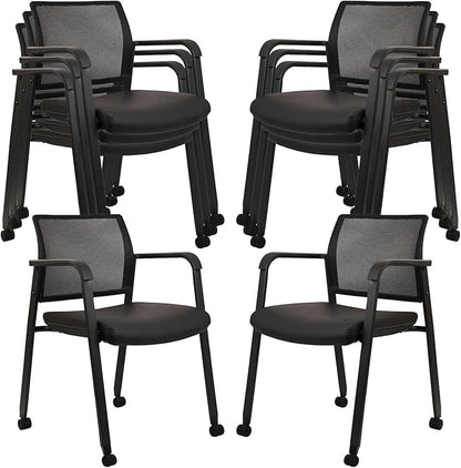 CLATINA Stacking Office Chair with Wheels, Mesh Back Waiting Room Guest Chairs with Arms Comfortable Leather Cushion Stackable Desk Chair for Conference Reception School Side Stationary, Black, 8 PK