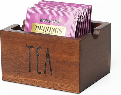 Acacia Sugar Packet Caddy for Coffee Bar, Farmhouse Wood Sugar Holder Packets , Sugar Packet Container, Small Tea Bag Organizer for Office Table,Hotel, Restaurant (Brown-Labeled "TEA")