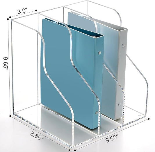SANRUI 3 Slots Acrylic Magazine Holder, Desktop File Sorter Organizer Rack Bookshelf, Workspace Sorters Office Desk Accessories Organization Storage Stand, Clear