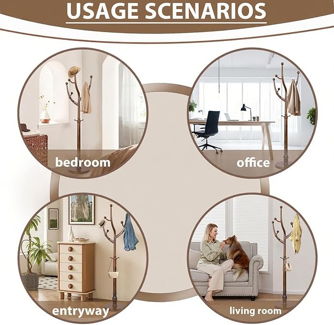 Solid Wooden Coat Rack Stand, Coat Racks Freestanding with 11 Hooks, Natural Birch Wood Coat stands with Sturdy Round Base, Tree Coat Hanger Standing for Entryway Bedroom Office (Tree Design1)