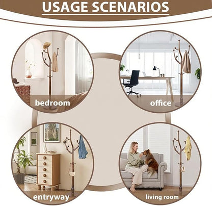 Solid Wooden Coat Rack Stand, Coat Racks Freestanding with 11 Hooks, Natural Birch Wood Coat stands with Sturdy Round Base, Tree Coat Hanger Standing for Entryway Bedroom Office (Tree Design1)