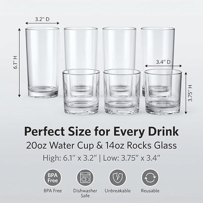 Plastic Drinking Glasses Set of 8, 14oz Rocks & 20oz Water Cups, Unbreakable Plastic Glasses Drinkware, Clear Kitchen Tumblers for Home & Outdoors, Reusable , BPA-Free, Top-Rack Dishwasher Safe