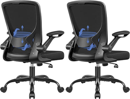 Ergonomic Office Chair, Mesh Computer Chairs with Lumbar Support, Swivel Desk Chair with Flip-up Arms and Adjustable Height, Black Pack of 2