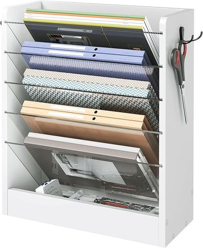 Wall File Holder, 6-Tier File Organizer, Office Supplies Storage Rack, Versatile Desktop Organizer, with Detachable Shelves, with Side Hooks, for Living Room, Study, Home Office, White MWJ02WB
