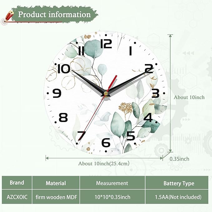 Wall Clocks Battery Operated,Eucalyptus Leaf Clock for Living Room,Decorative Wall Clock for Living Room,Bedroom,Bathroom,Kitchen,10 Inch