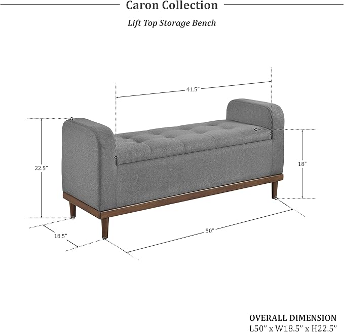 Lexicon Armed Fabric Storage Bench, Button-Tufted Storage Ottoman Bench, Lift-top Bench with Solid Wood Frame and Legs for Hallway, Bedroom End of Bed, Entryway, Living Room, Grey