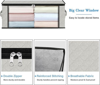 HomeHacks Storage 3-Pack Clothes Organizer Storage Bags Foldable Storage Box with Large Clear Window Sturdy Handles for Closet, Dorm, Pillows, Bedding, Clothes, Blankets, 35L, Ivory