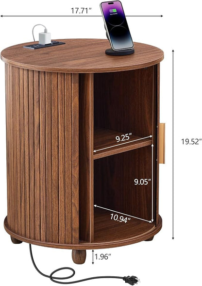 Fluted Round End Table with Charging Station, Farmhouse Small Sofa Side Table with Sliding Tambour Door & Storage, Mid-Century Wood Fulted Nightstands for Living Room, Bedroom (Walnut)