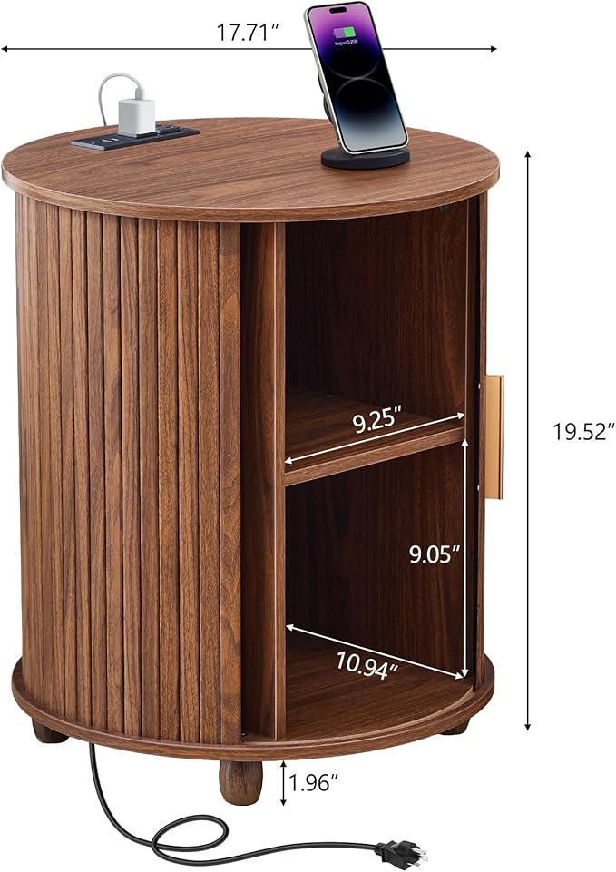 Set of 2 Fluted Round End Table with Charging Station, Small Farmhouse Sofa Side Table with Sliding Tambour Door & Storage, Mid-Century Wood Fulted Nightstands for Living Room, Bedroom (Walnut)