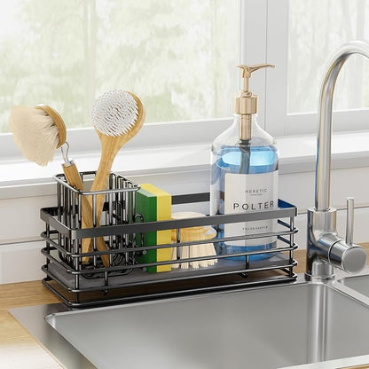 Yofidra Kitchen Sink Caddy Sponge Holder - 304 Stainless Steel Sink Organizer with Diatomite Quick-Dry Base, 3 Compartments Caddy Organizer, Detachable Brush Rack, 9.2" x 3.9" x 4.4"