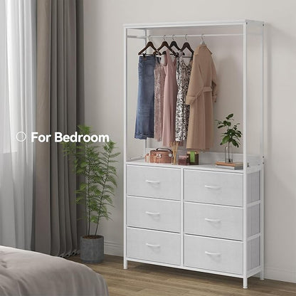 6 Dresser Drawer with Hanging Rack, 2-in-1Tall Dresser for Bedroom/Closet, Fabric Dressers & Chests of Drawers, Sturdy Alloy Steel Frame, Space Saving Closet Organizer