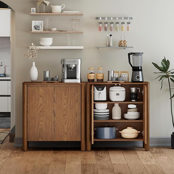 Buffet Cabinet with Storage, Accent Sideboard Cabinet with Adjustable Shelves, Solid Wood Freestanding Storage Cabinet for Living Room Dining Room Entry Kitchen, Light Brown