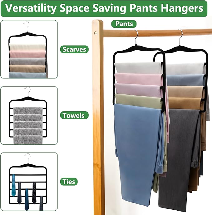 Pants Hangers Space Saving,5P Scarf Hangers for Closet Organizers and Storage,Non Slip Velvet Hanger for Closet Organizer,College Dorm Room Essentials,Heavy Duty Organization and Storage Jean Hangers
