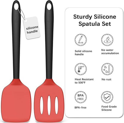 Coukre 2 Pack Silicone Spatula Set, High Heat Resistant, BPA Free Kitchen Spatula, Solid & Slotted Turner for Non-Stick Pans, Sautéing, and Flipping (2, RedBlack)