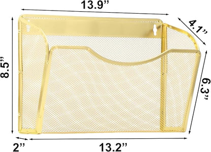 EASEPRES 3 Single Pocket Mesh Hanging File Organizer, Vertical Wall Mounted Magazine File Holder, Mount Basket Mail Paper Document Folder Organizing for Office, Home and School, Gold