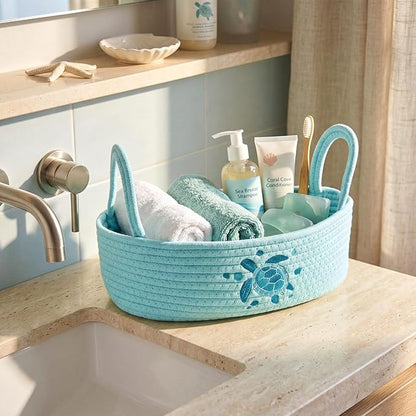 Vesici Sea Turtle Toilet Paper Basket Boho Woven Cotton Rope Bathroom Countertop Organizer with Handle Blue Summer Beach Sea Turtle Bathroom Storage Decor for Bedroom Nursery, 13 x 6 x 4 Inch