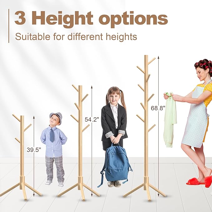Wooden Coat Rack Stand, Freestanding Coat Rack with 8 Hooks, 3 Adjustable Size Coat Tree for Hats, Coats, Scarves bags, Coat Hanger Stand Used in Bedroom/Office/Entryway,2 PCS (Natural)