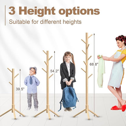 Wooden Coat Rack Stand, Freestanding Coat Rack with 8 Hooks, 3 Adjustable Size Coat Tree for Hats, Coats, Scarves bags, Coat Hanger Stand Used in Bedroom/Office/Entryway,2 PCS (Natural)