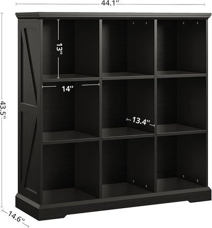IRONCK Wooden 9 Cube Storage Organizer, Cube Shelf Organizer with Storage, Farmhouse Short Bookshelf for Bedroom, Living Room and Home Office, Black