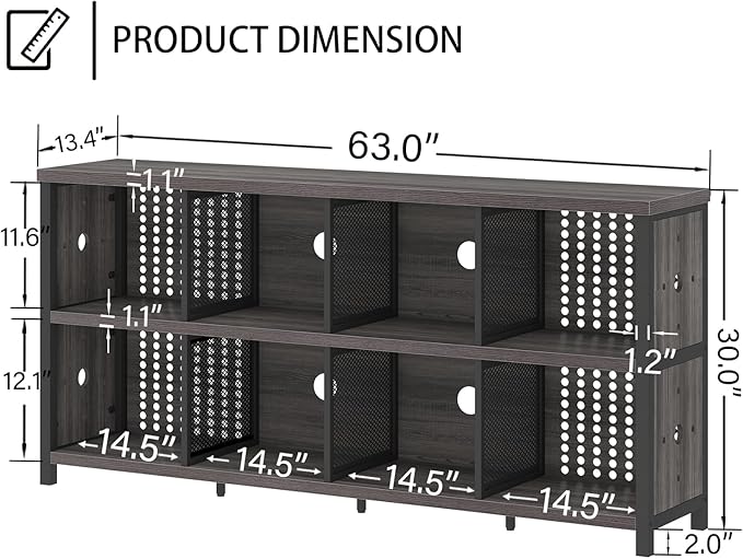 LVB Industrial Horizontal Bookcase, Rustic Wood 4 5 6 7 8 Cube Bookshelf, Modern Wide Long Low Book Shelf, Vintage Large Open Cube Storage Organizer for Office Bedroom Living Room, Dark Gray Oak 63 In