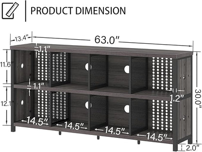 LVB Industrial Horizontal Bookcase, Rustic Wood 4 5 6 7 8 Cube Bookshelf, Modern Wide Long Low Book Shelf, Vintage Large Open Cube Storage Organizer for Office Bedroom Living Room, Dark Gray Oak 63 In