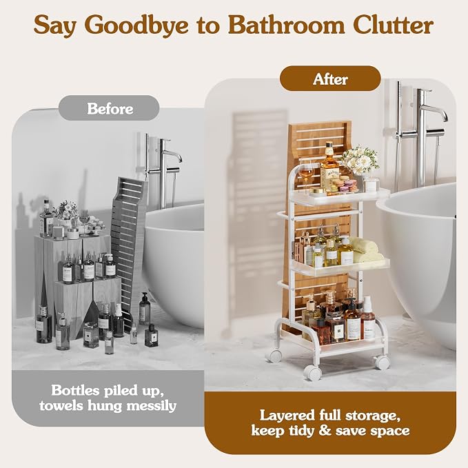 Bathroom Cart with Bathtub Tray Holder, Bathroom Organizers and Storage, Small Slim Shelf Organizer with Bath Tub Caddy Rack, 3 Tier Narrow Skinny Acrylic Rolling Cart for Laundry Room Living Room