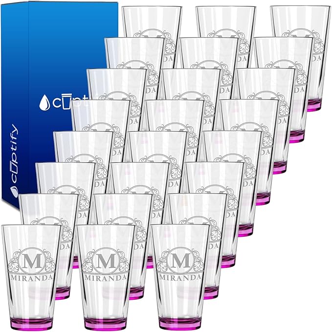 Personalized Beer Glasses Set of 24 Engraved Pink 16oz Pint Glasses, Custom Wedding Favors, Groomsmen Gifts, Birthday Parties & More