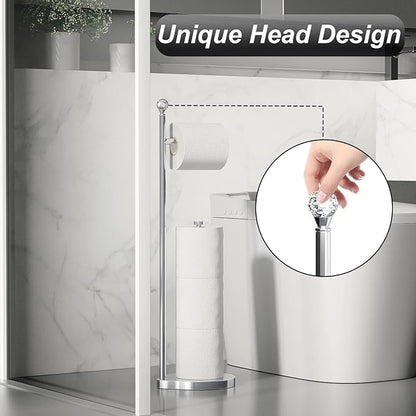 KASUNTO Toilet Paper Holder for Bathroom, Heavy Weighted Metal Free Standing Toilet Paper Storage with Crystal Ball, Toilet Paper Stand for Bathroom Accessories, Polished Chrome [Holds MEGA Rolls]