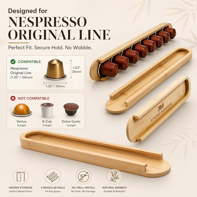 Bamboo Coffee Pod Holder, Adhesive Wall Mount (No Drilling) for Cabinet Door, 36-Capsule Storage (Set of 4) — Vertical/Horizontal — Compatible with Nespresso Original Line-Bamboo Brown