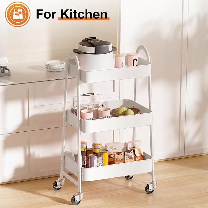 NEWBULIG 3-Tier Metal Rolling Storage Cart, Heavy Duty Mobile Utility Organizer Shelf with Lockable Wheels, Multifunctional Trolley for Daily Supplies, Home Indoor Daily Use, White