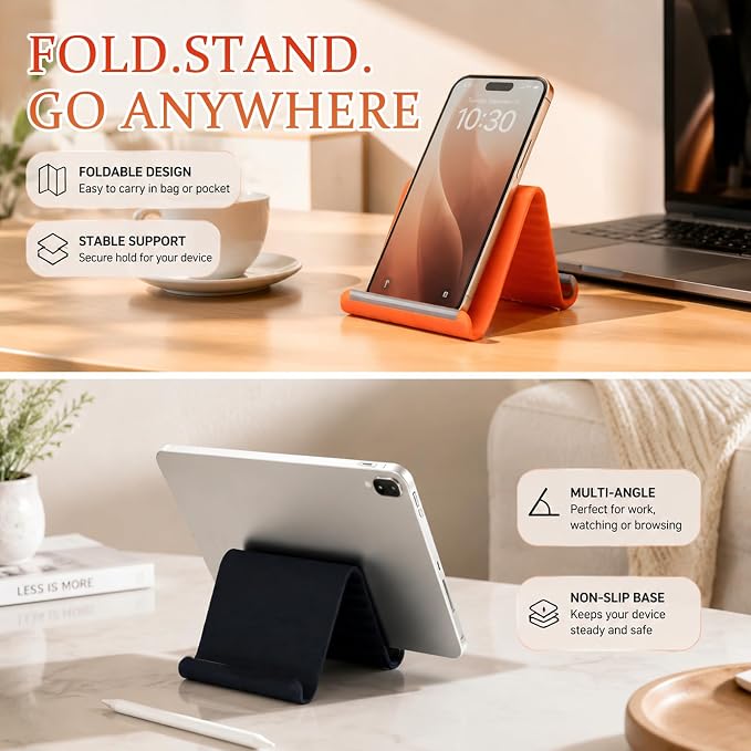 Flexible Silicone Phone Stand with Aluminum, Foldable Portable and Bendable Phone Holder for Phone Tablet Laptop, Portable Rollable Multi-Angle Stand (Orange)